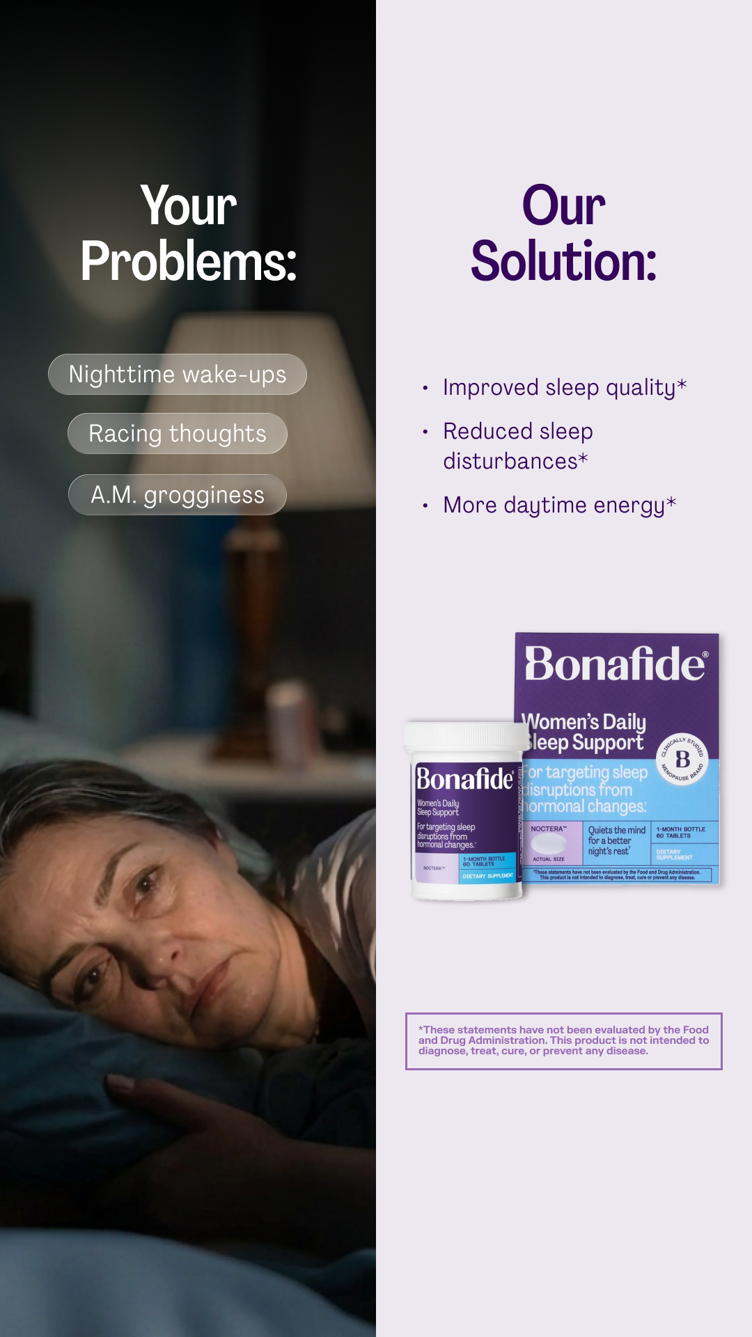 Bonafide Facebook ad: Restore your night. Restore your rest.