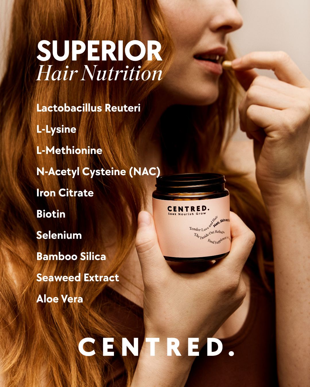 CENTRED Facebook ad: Reduce Shedding. Support Fuller Hair.