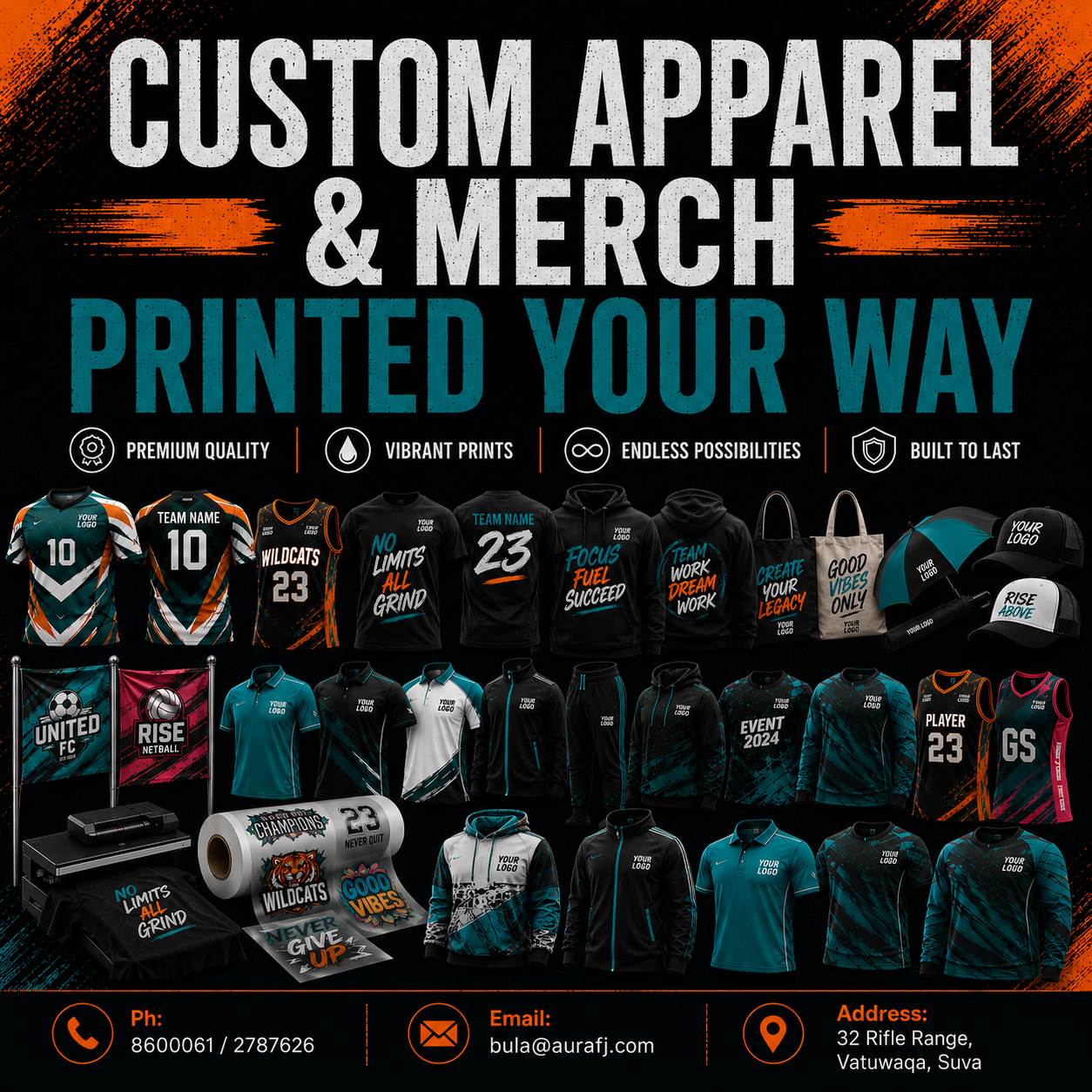 Aurora Designs & Printing Facebook ad: CUSTOM APPAREL & MERCH, PRINTED YOUR WAY