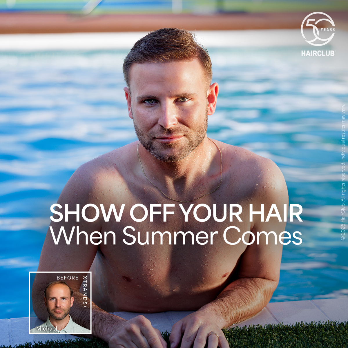HairClub Facebook ad: Summer Ready. Hat free.