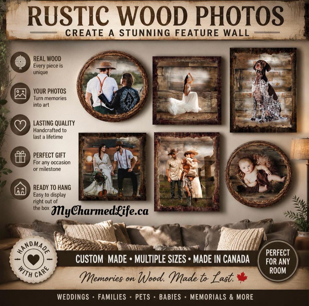 My Charmed Life Facebook ad: Custom Photo on Wood; Wedding Picture Fifth Anniversary…