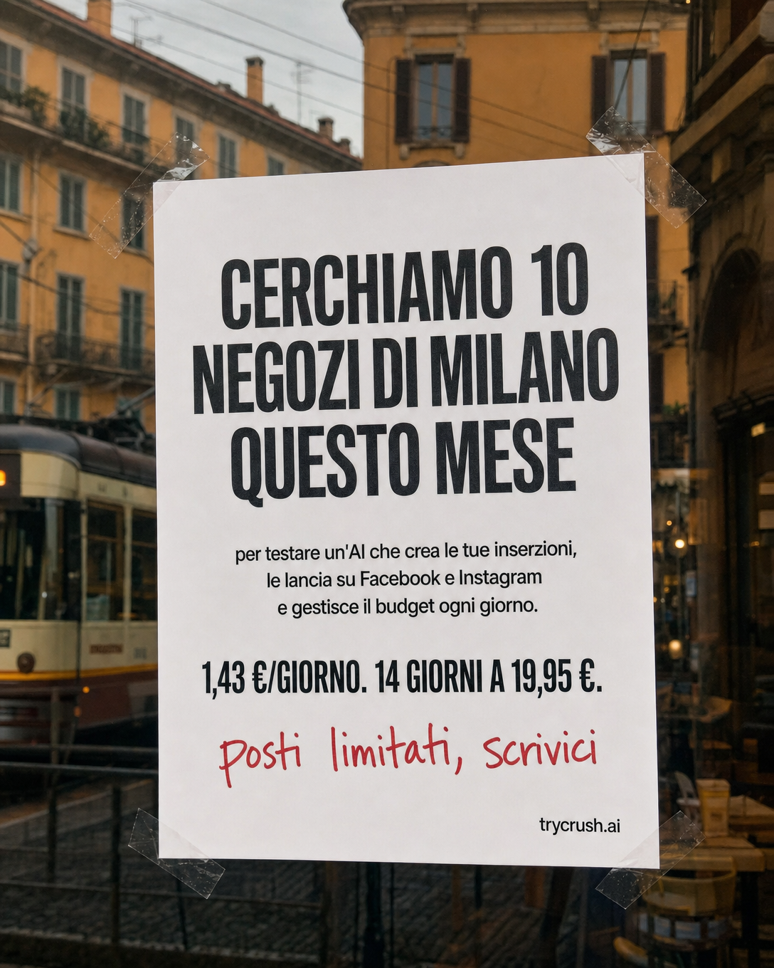 trycrush.ai Facebook ad: Cerchiamo 10 negozi di Milano questo mese