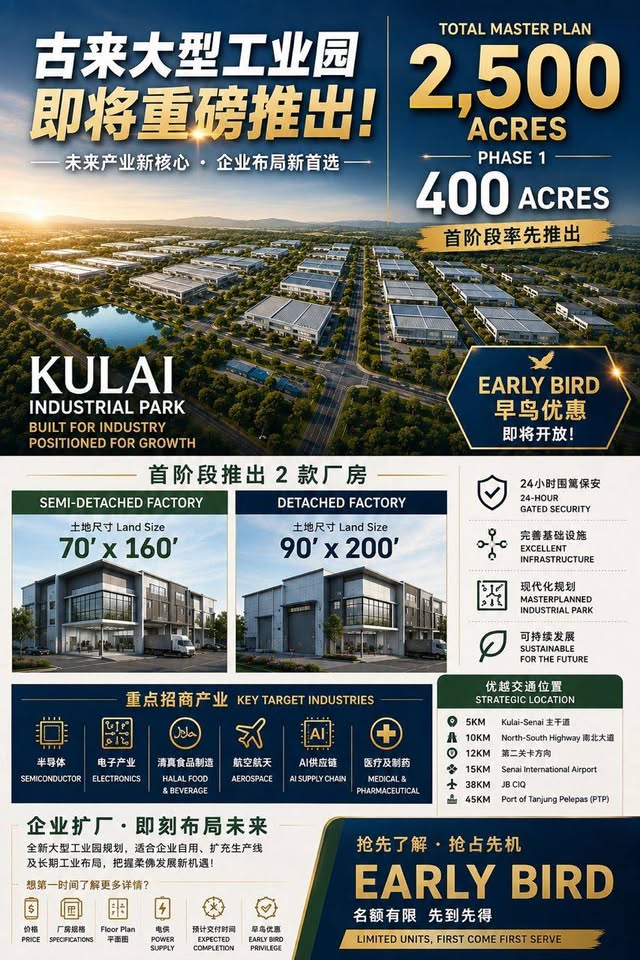 Angel Chang Johor Property 新山房产顾问 Facebook ad: 半独立式 & 独立式厂房 | Phase 1 开放登记
