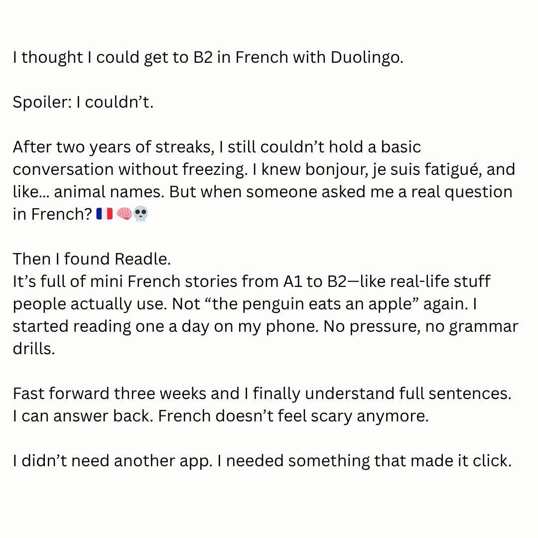Readle: Learn Languages Facebook ad: 30 Days to Better French
