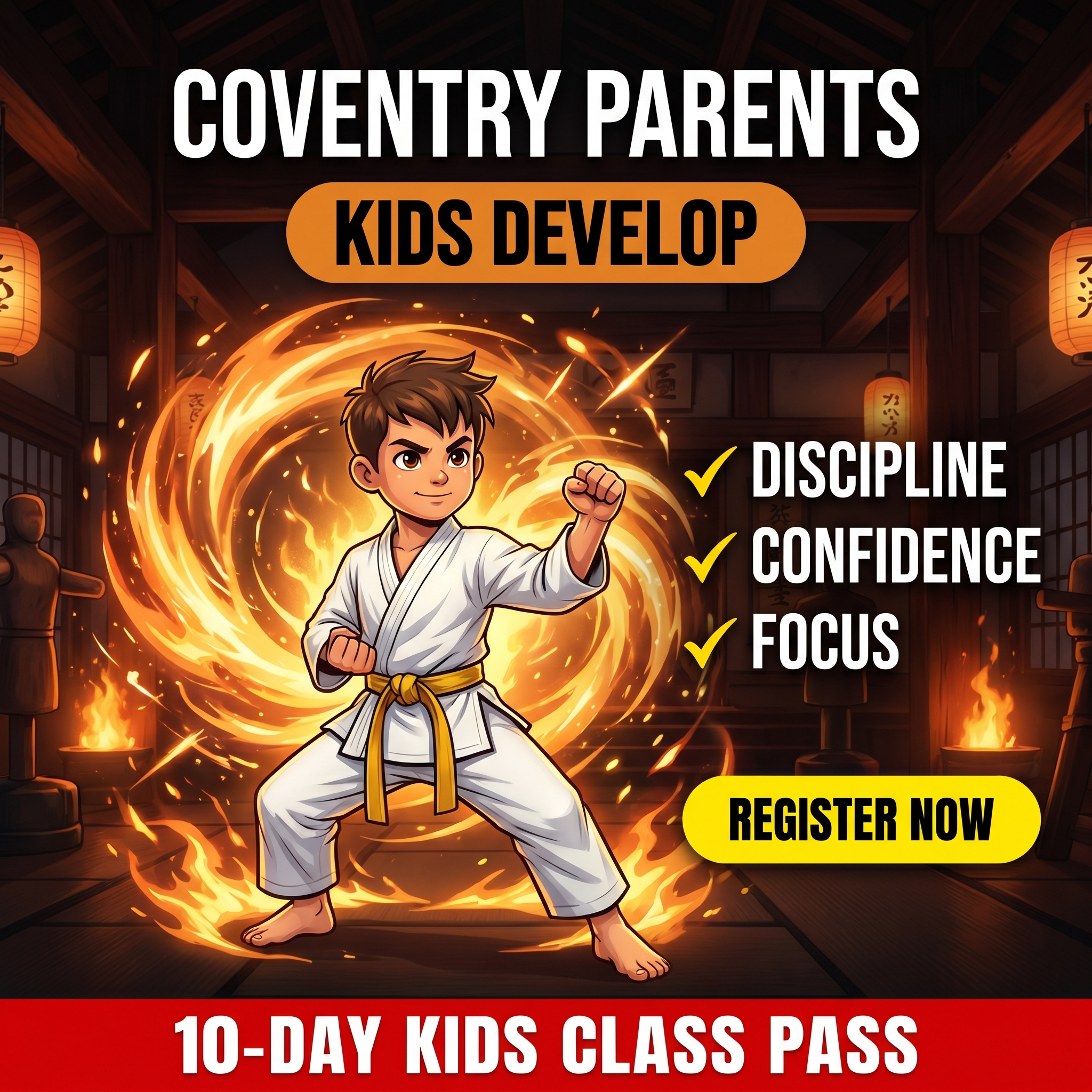Northeast Family Martial Arts Facebook ad: Want a FREE 10-Day, Kids Martial Arts Class Pass?