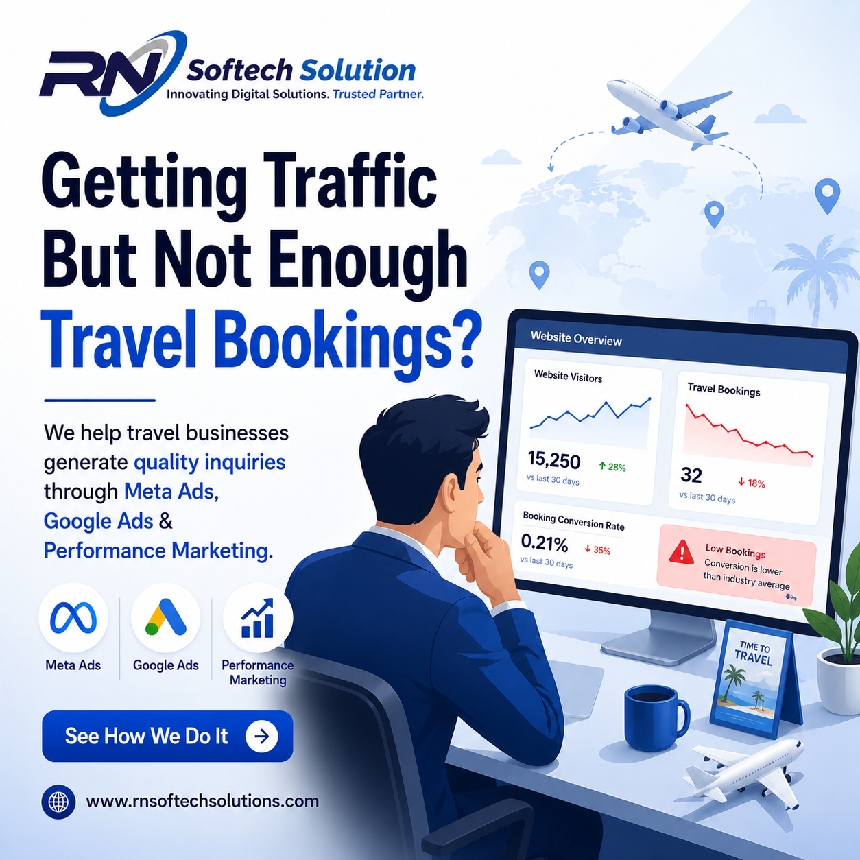 Rn Softech Solutions Facebook ad: Getting Traffic But Not Enough Bookings?