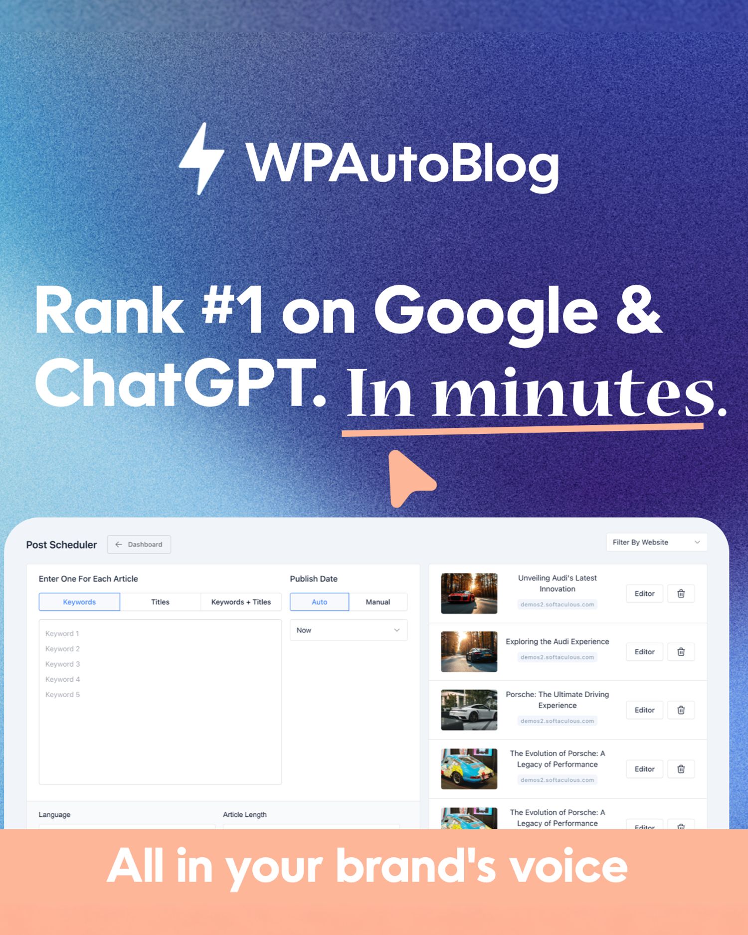 WPAutoBlog Facebook ad: Create articles that rank #1