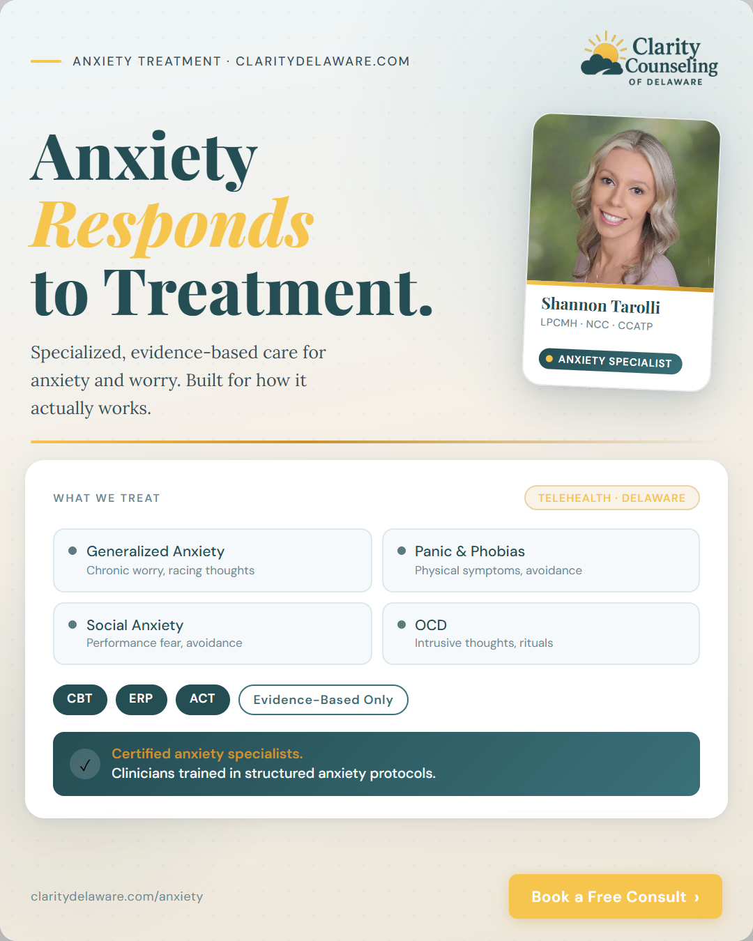 Clarity Counseling of Delaware Inc. Facebook ad from Mar 22, 2026