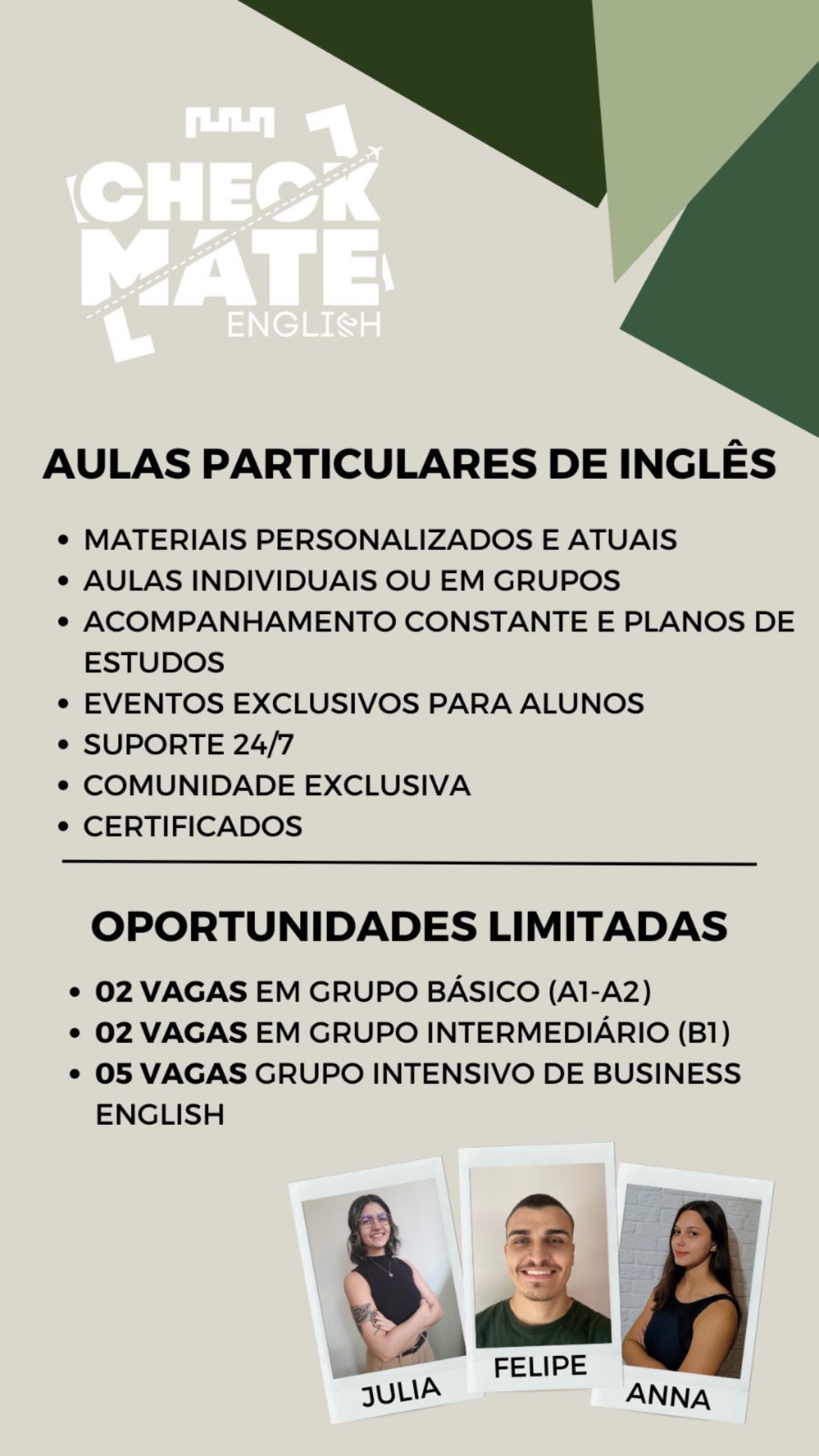 Englishbyivo Connected Page Facebook ad: CheckMate English, Escola de inglês com aulas ao vivo.