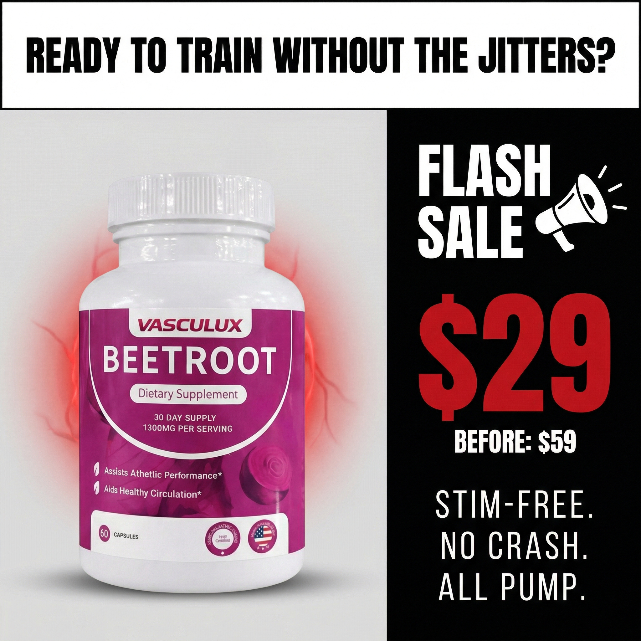 Vasculux Facebook ad: All The Pump. None Of The Panic.