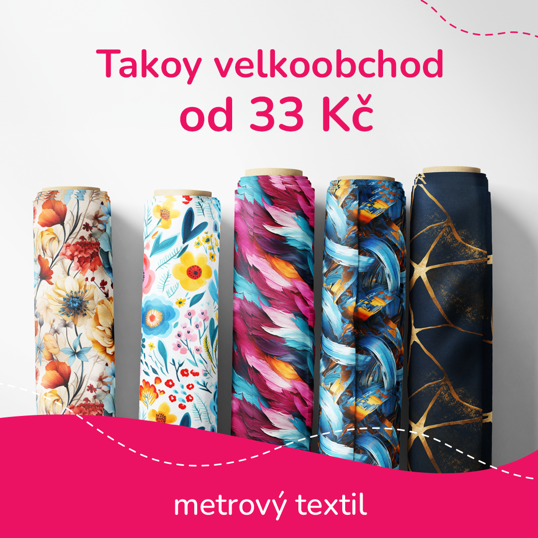 Takoy.cz Facebook ad: Jednobarevná metráž látek již od 33 Kč bez DPH