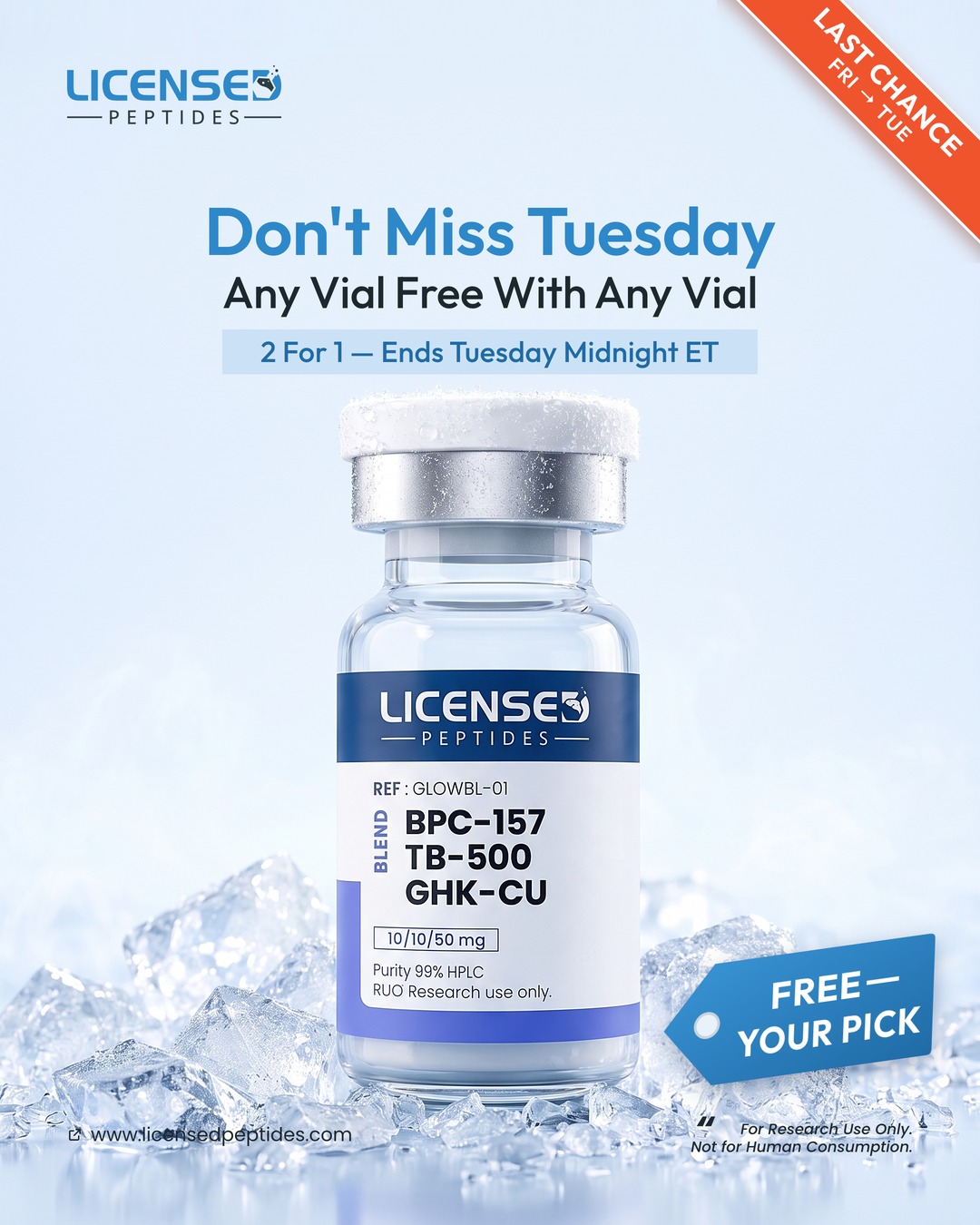 LicensedPeptides.com Facebook ad: 2 FOR 1, PICK ANY VIAL FREE