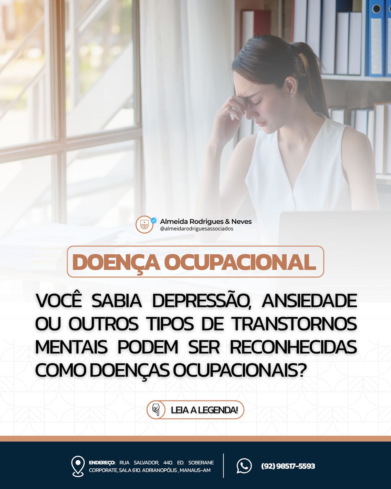 Almeida Rodrigues Advogados Facebook ad: Doenças ocupacionais também afetam a saúde mental!