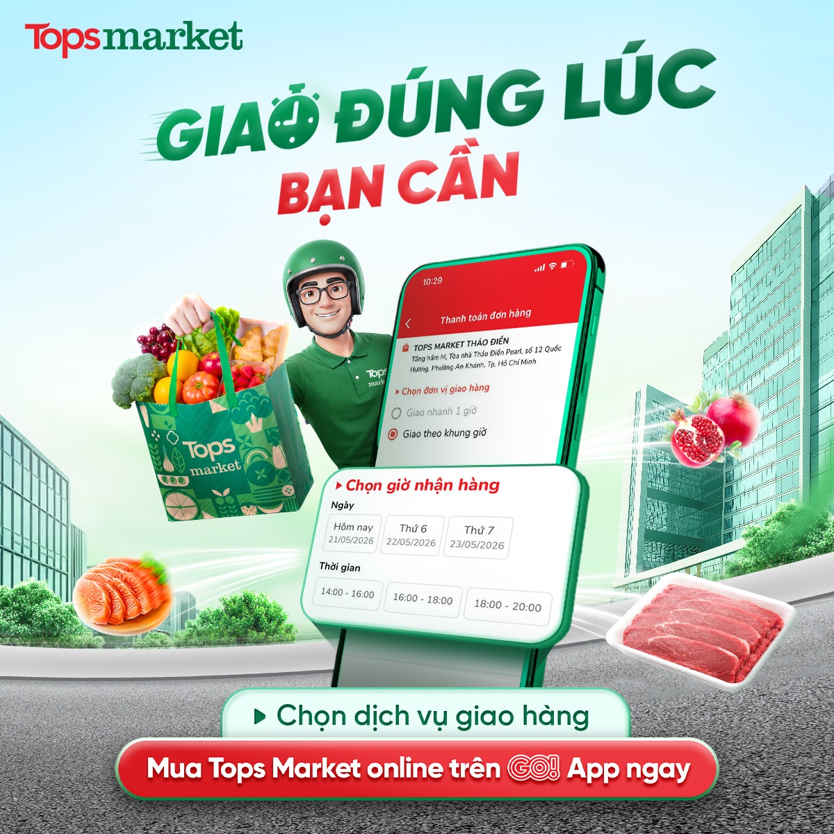 Tops Market Facebook ad: CHỌN GIỜ NHẬN HÀNG, TOPS MARKET GIAO TẬN…