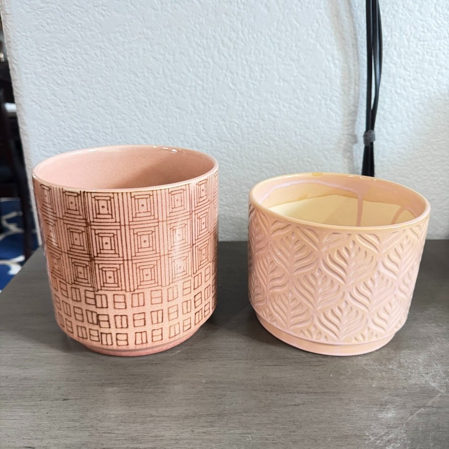 Lisa Maccaux Facebook ad: Boho Planter Set: Geometric & Leaf Motif Pink/Peach Pots