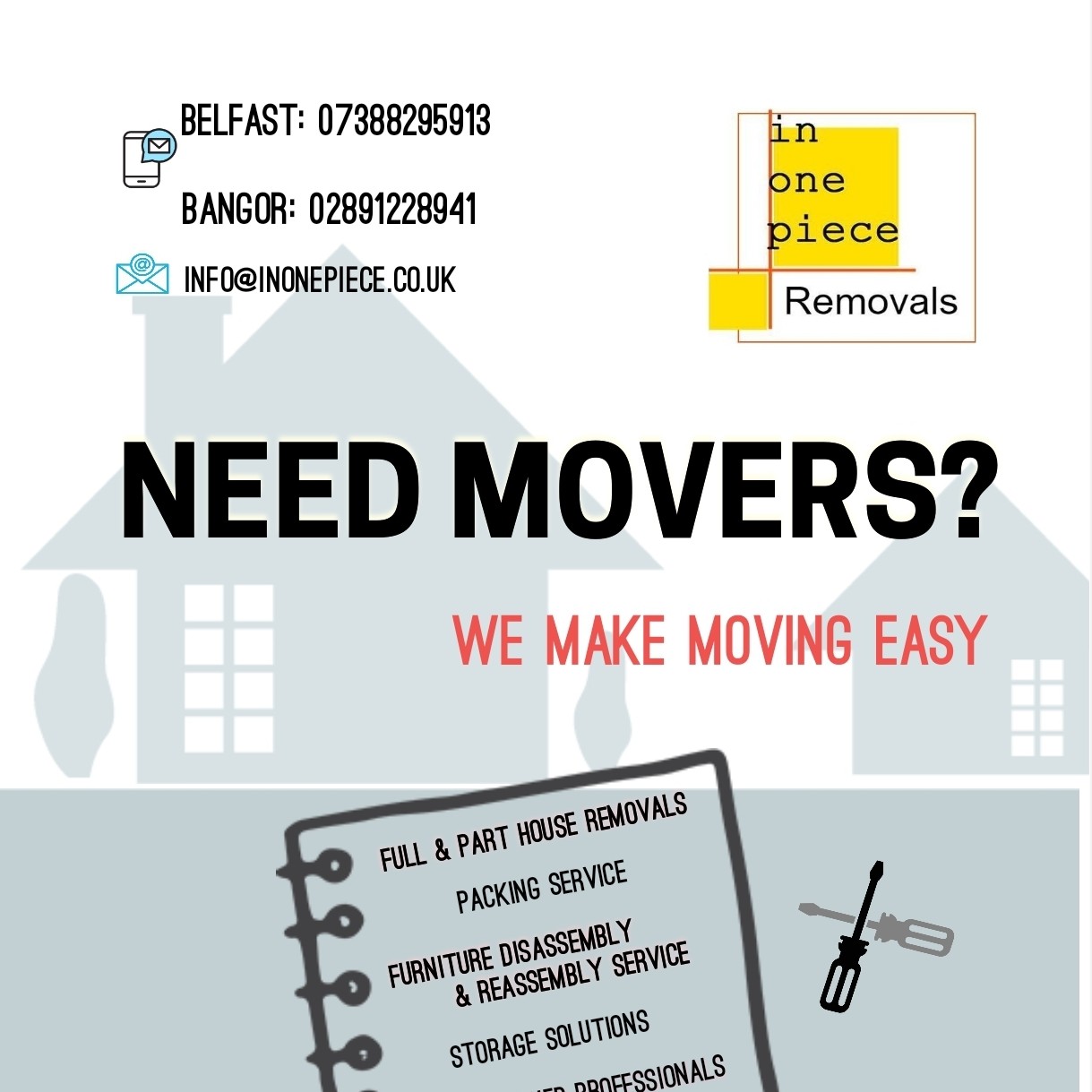 In One Piece Removals Ltd Facebook ad: Expert moving, delivery and installation services!