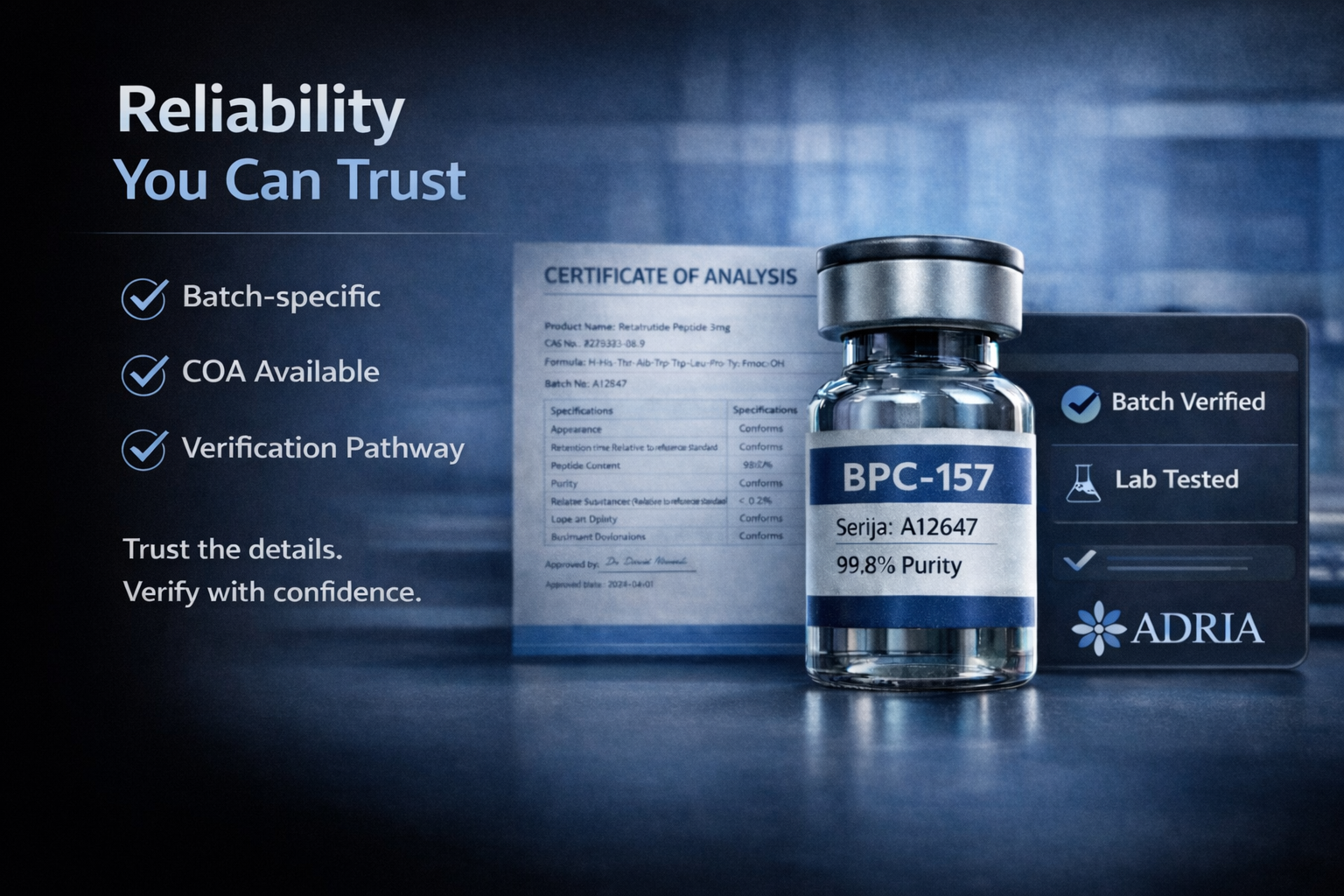 Adria Peptides Facebook ad: Research-grade Retatrutide. COA included.
