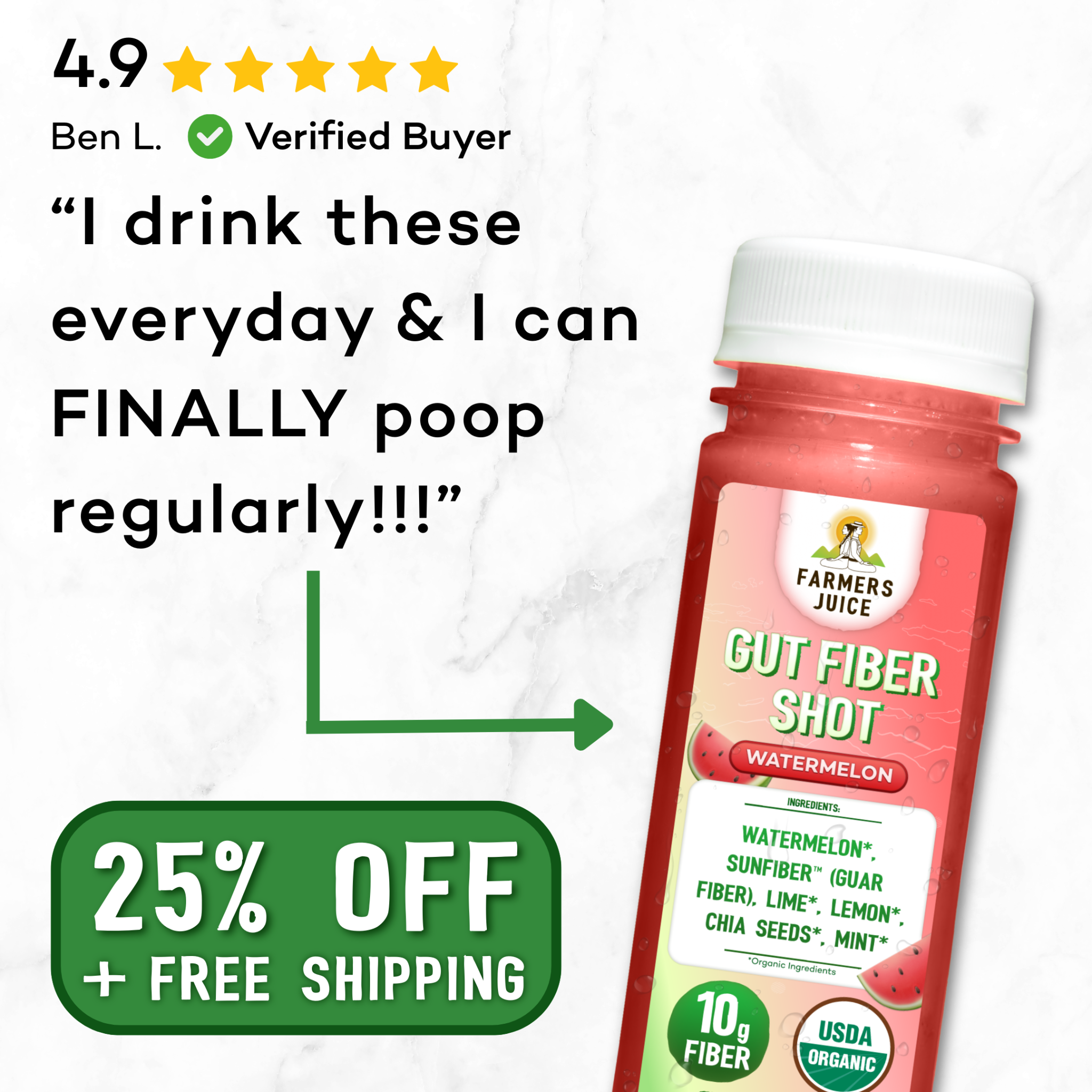 Farmers Juice Facebook ad: 25% Off Gut Fiber Shots