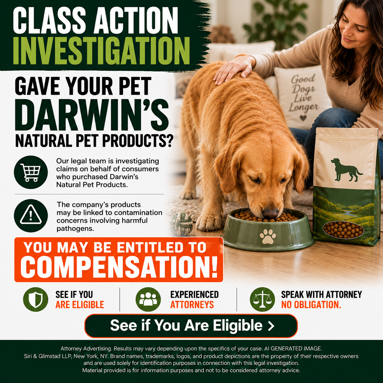 Join Class Actions Facebook ad: **Did You Purchase Darwin's Natural Pet Products?**