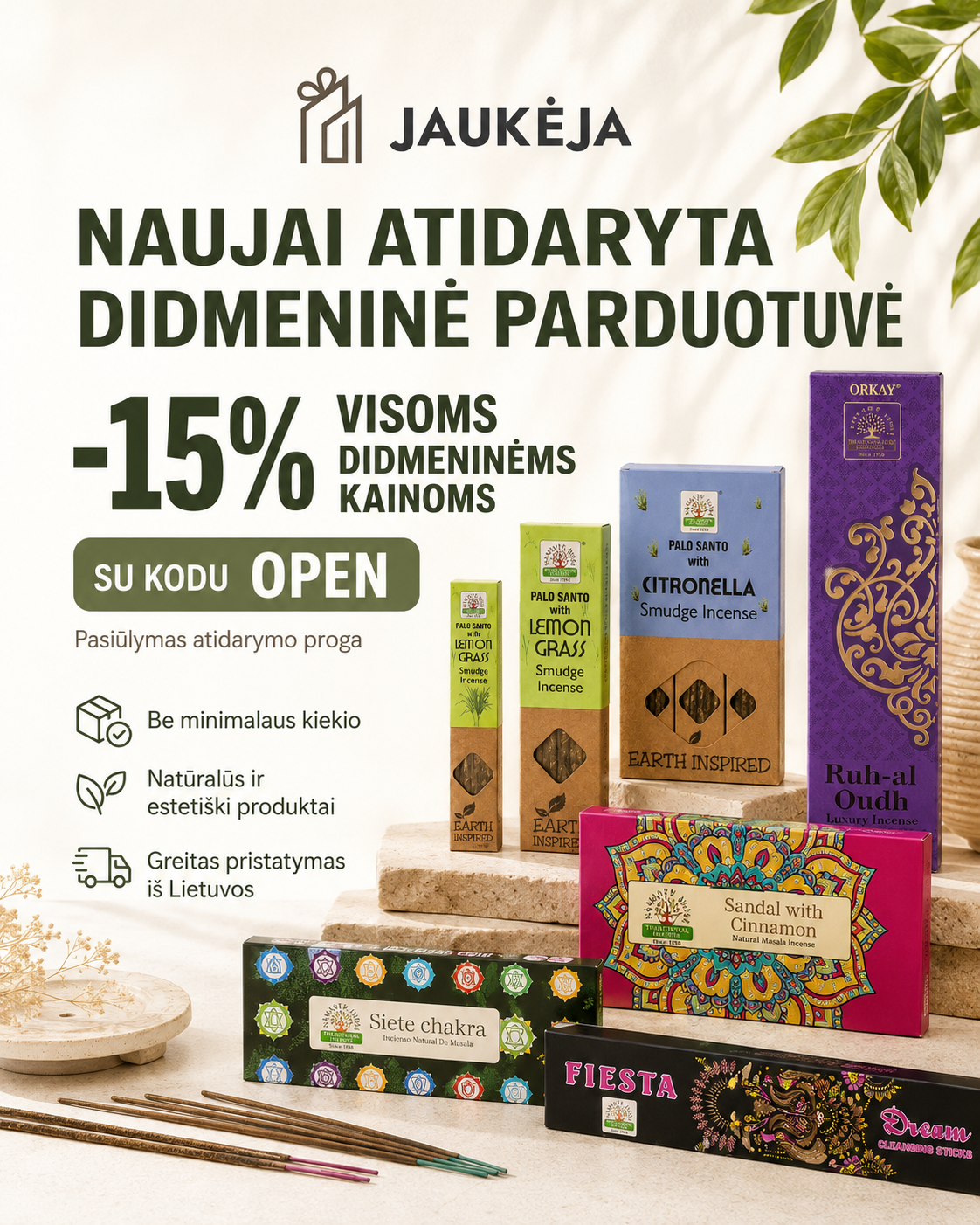 Jaukeja.lt Facebook ad: Naujai atidaryta didmeninė smilkalų parduotuvė