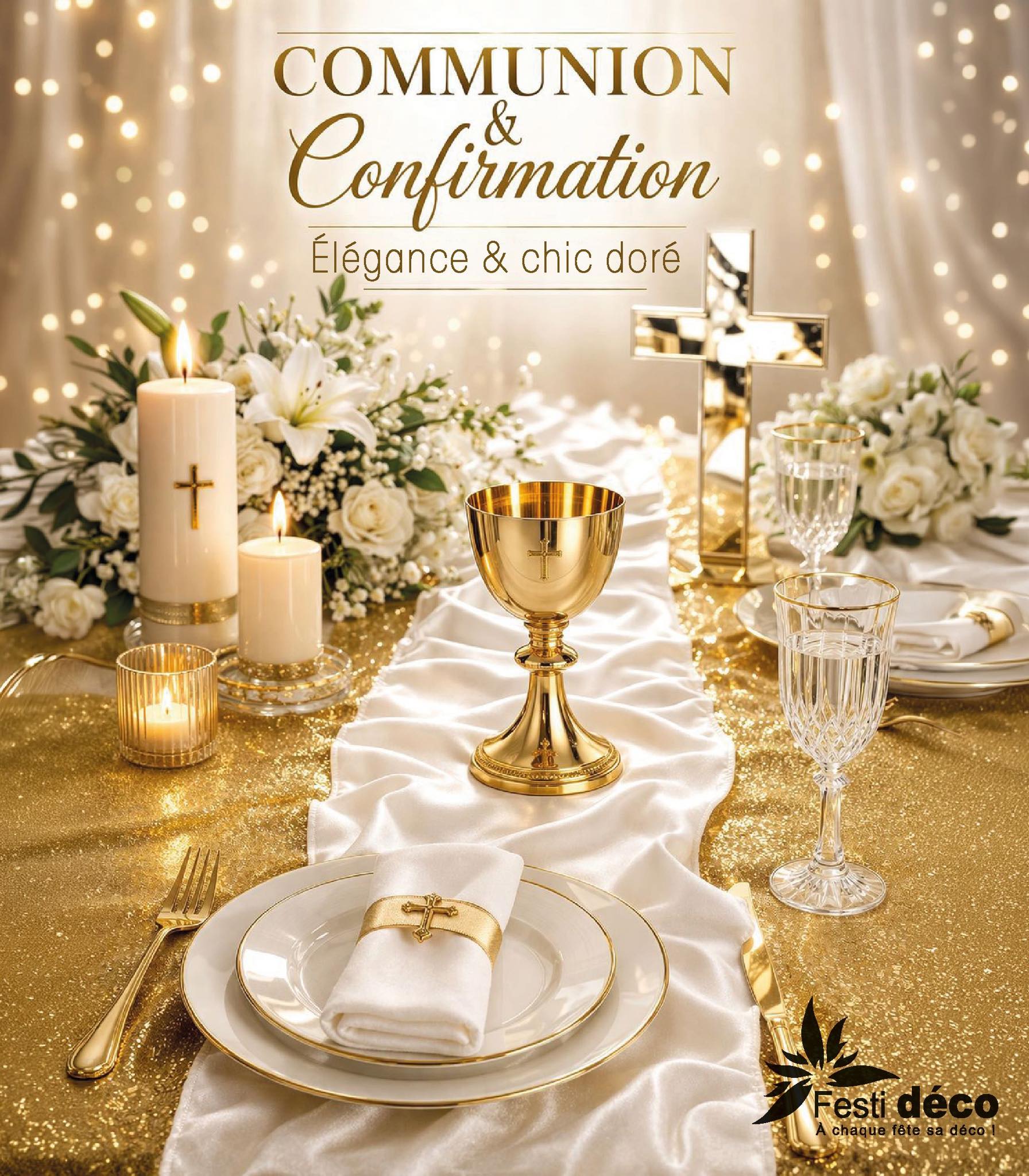 Festi déco Reunion Facebook ad: NOUVEAU CATALOGUE COMMUNION & CONFIRMATION BLANC DORE