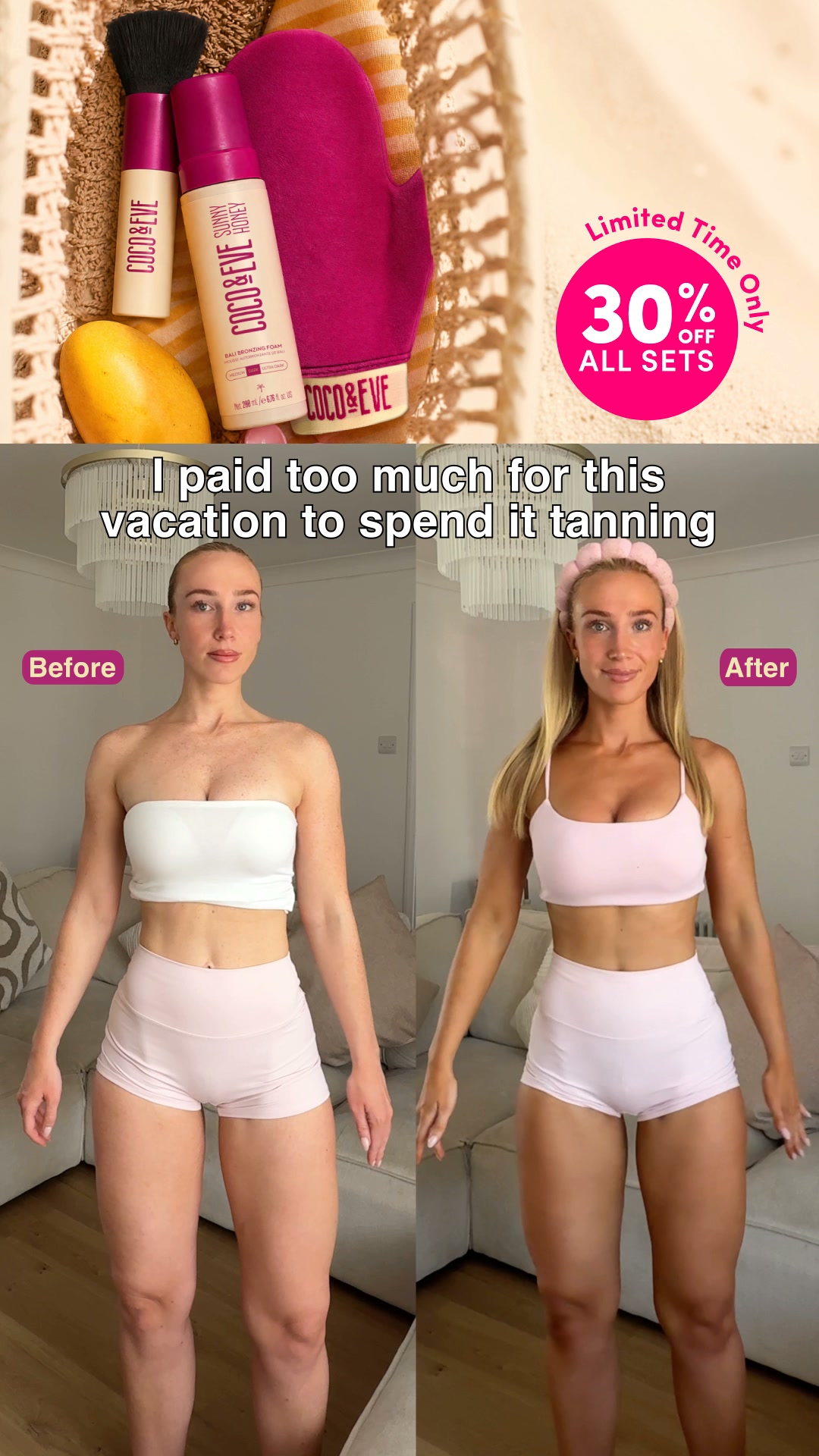 Coco & Eve Facebook ad: 30% Off Sunny Honey Tan Set