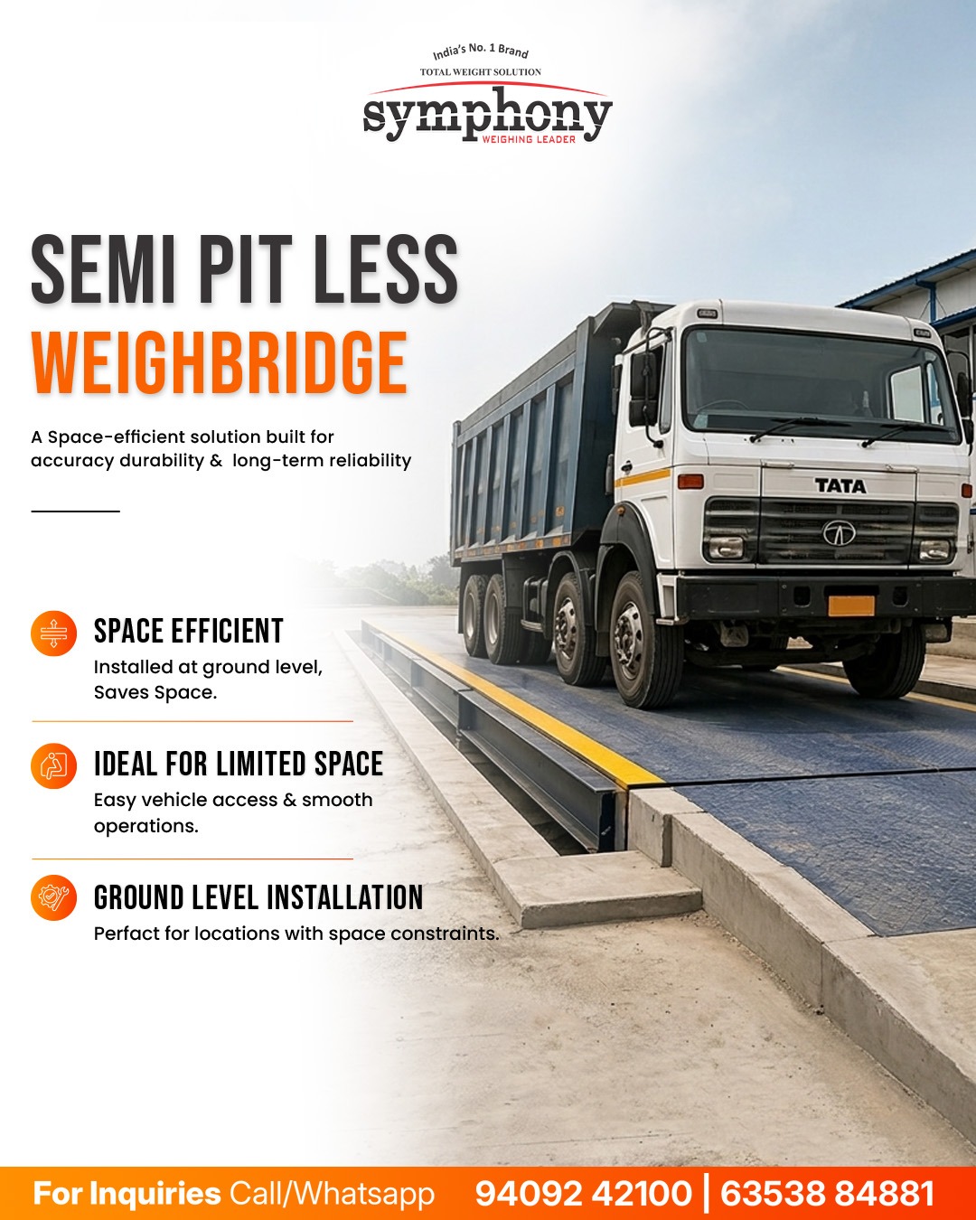 Symphony Weighing Leader Facebook ad: Save Space & Civil Costs | Semi-Pitless Weighbridge