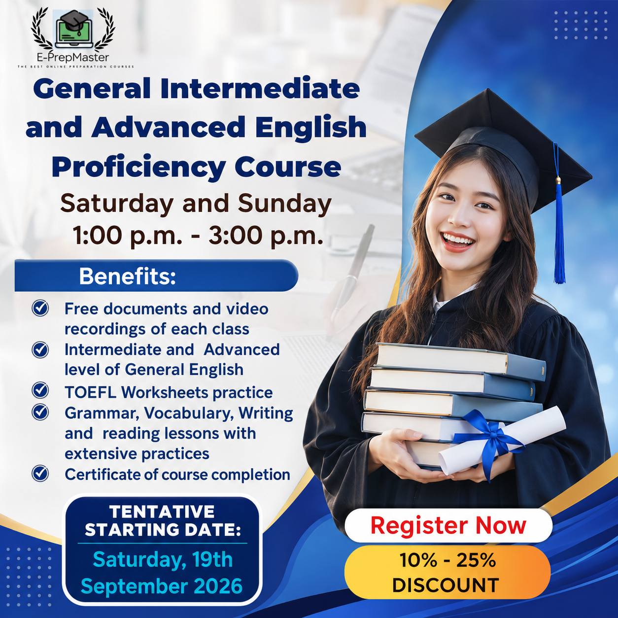 E-PrepMaster Facebook ad: NEW! ONLINE GENERAL ENGLISH PROFICIENCY CLASS, 6 MONTHS!