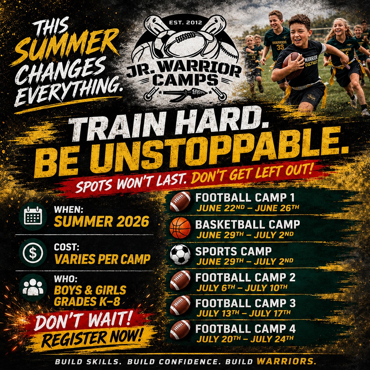 2024 Jr. Warrior Football Camps Facebook ad: REGISTER TODAY! Link in the BIO!