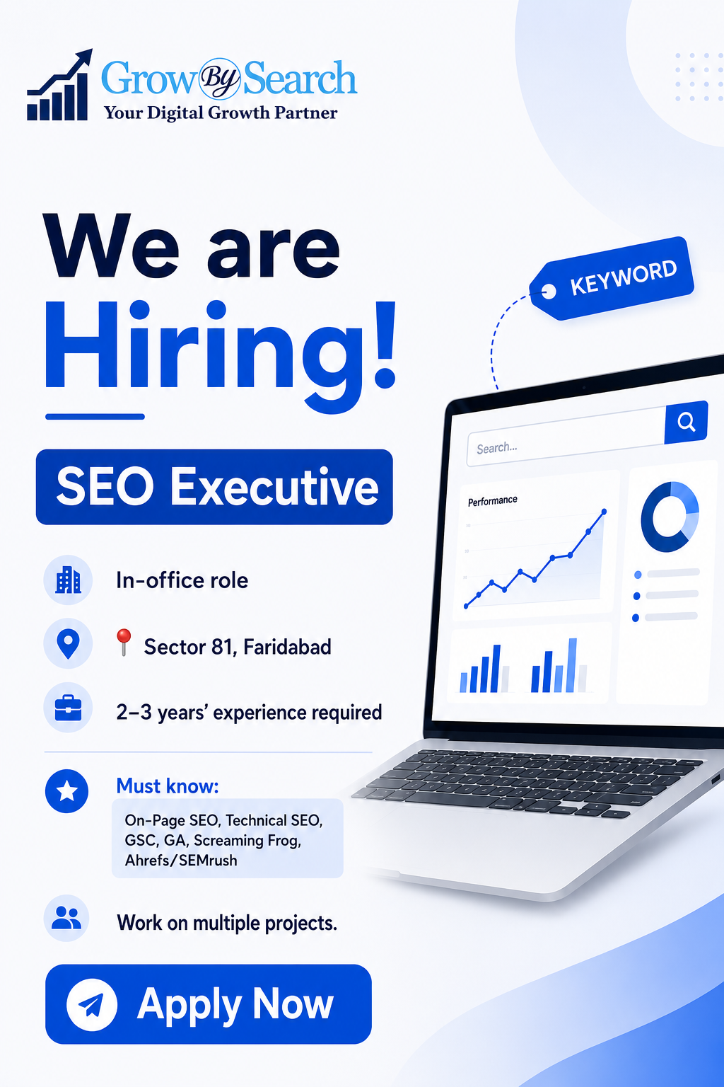 Growbysearch Facebook ad: SEO Executive Hiring | 2-3 Years Experience Required
