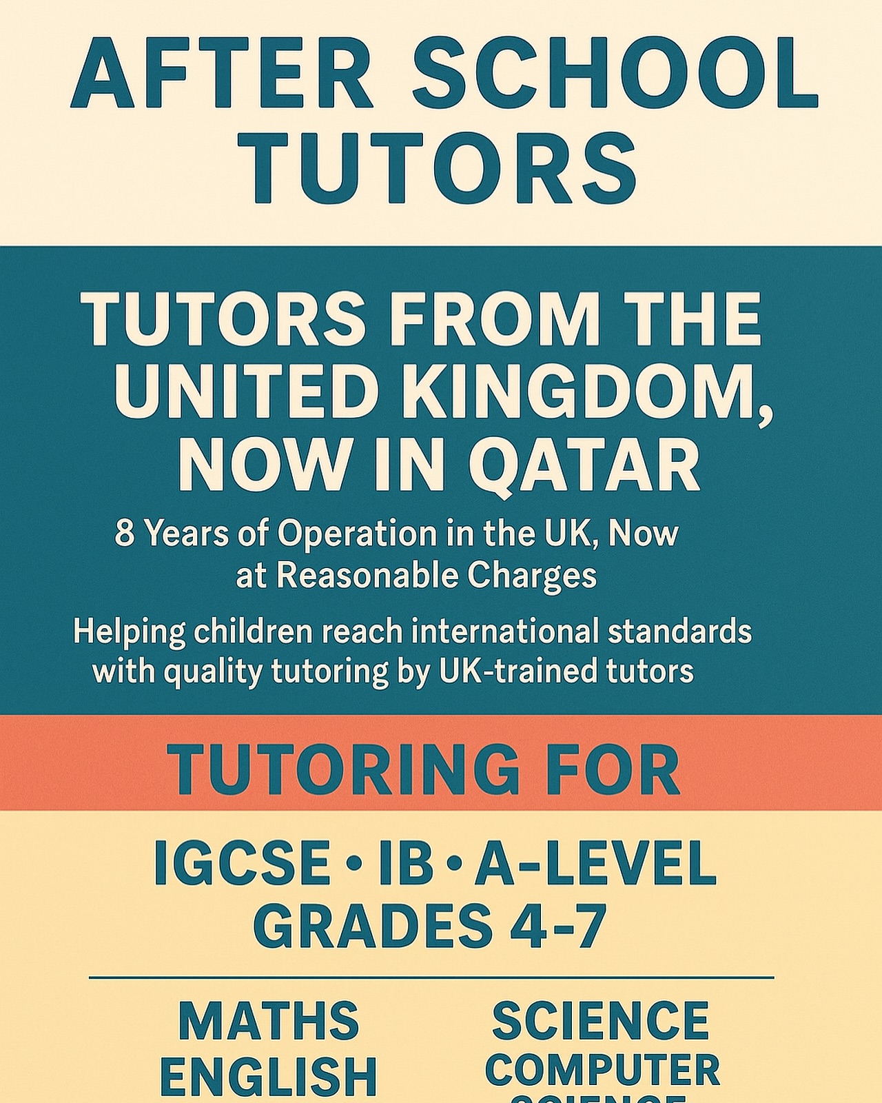 After School Tutors Facebook ad: UK-based and UK-trained tutors are now in Qatar! Book your…