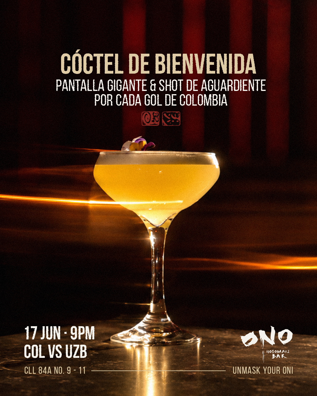Ono Hosomaki Bar Facebook ad: El 17 de junio Colombia entra a ONO con pantalla gigante.