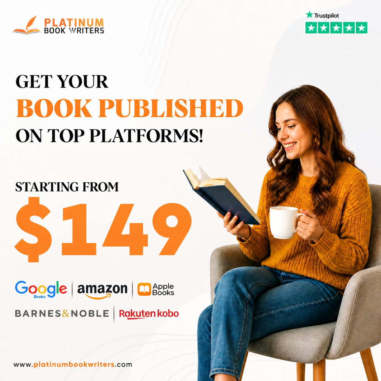 Platinum Book Writers Facebook ad: Publish Your Book on Top Platforms, Starting at $149!