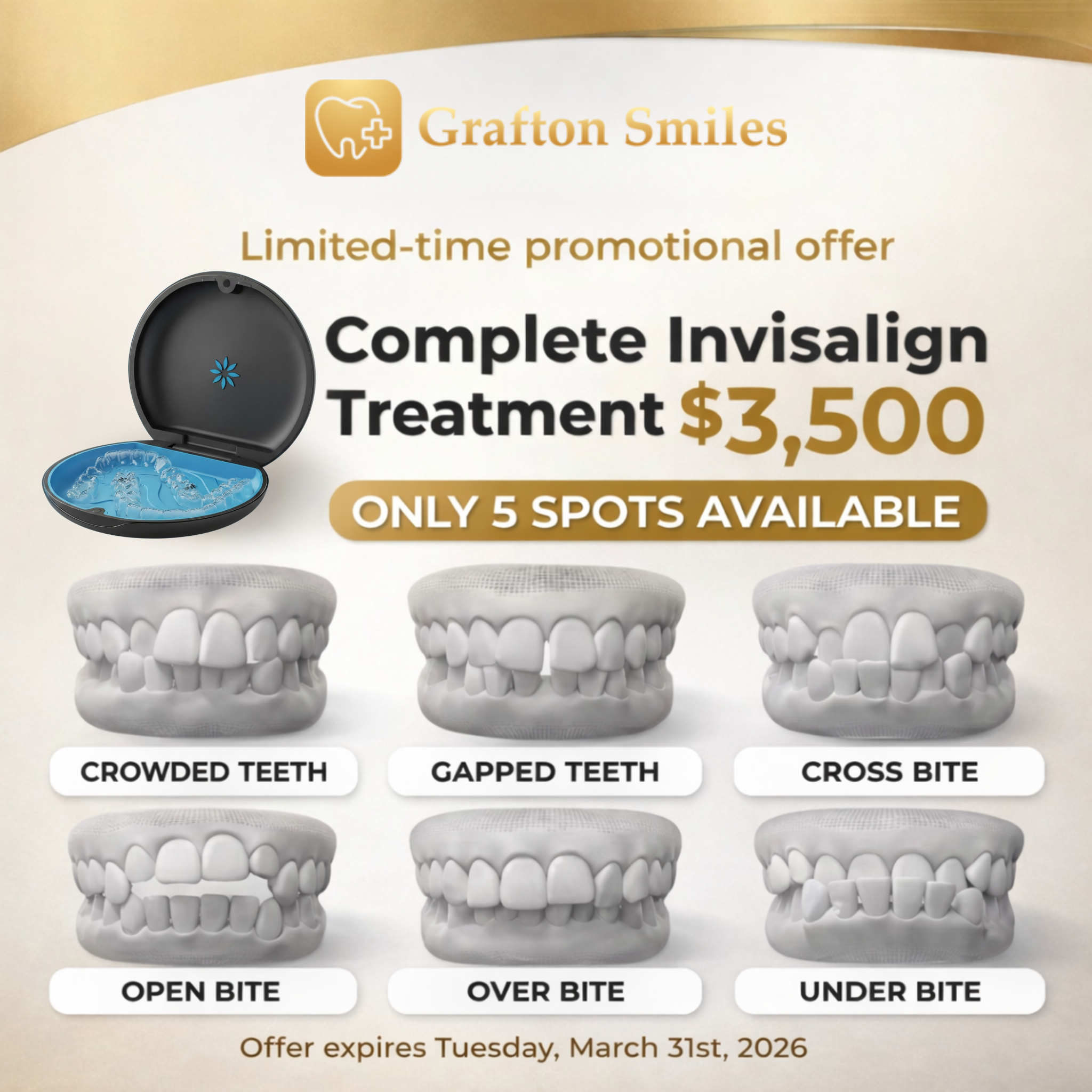 Graftonsmiles Facebook ad: Grafton: ONE DAY ONLY Invisalign for $3,500 FLAT!