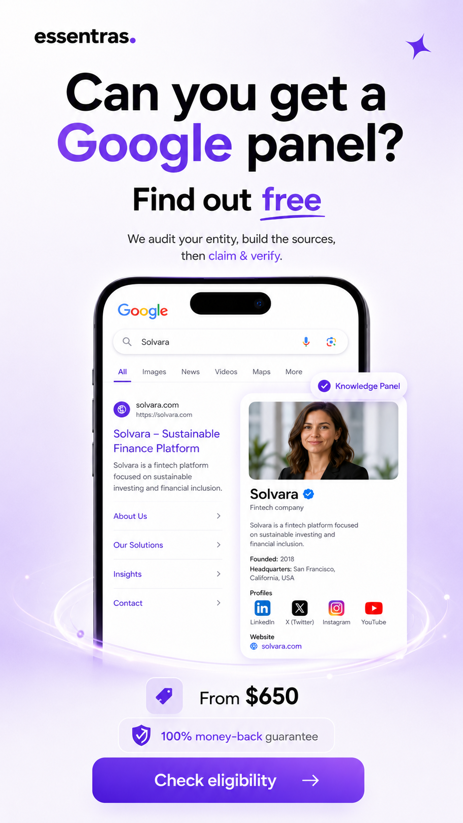 Essentras Facebook ad: Own your Google Knowledge Panel