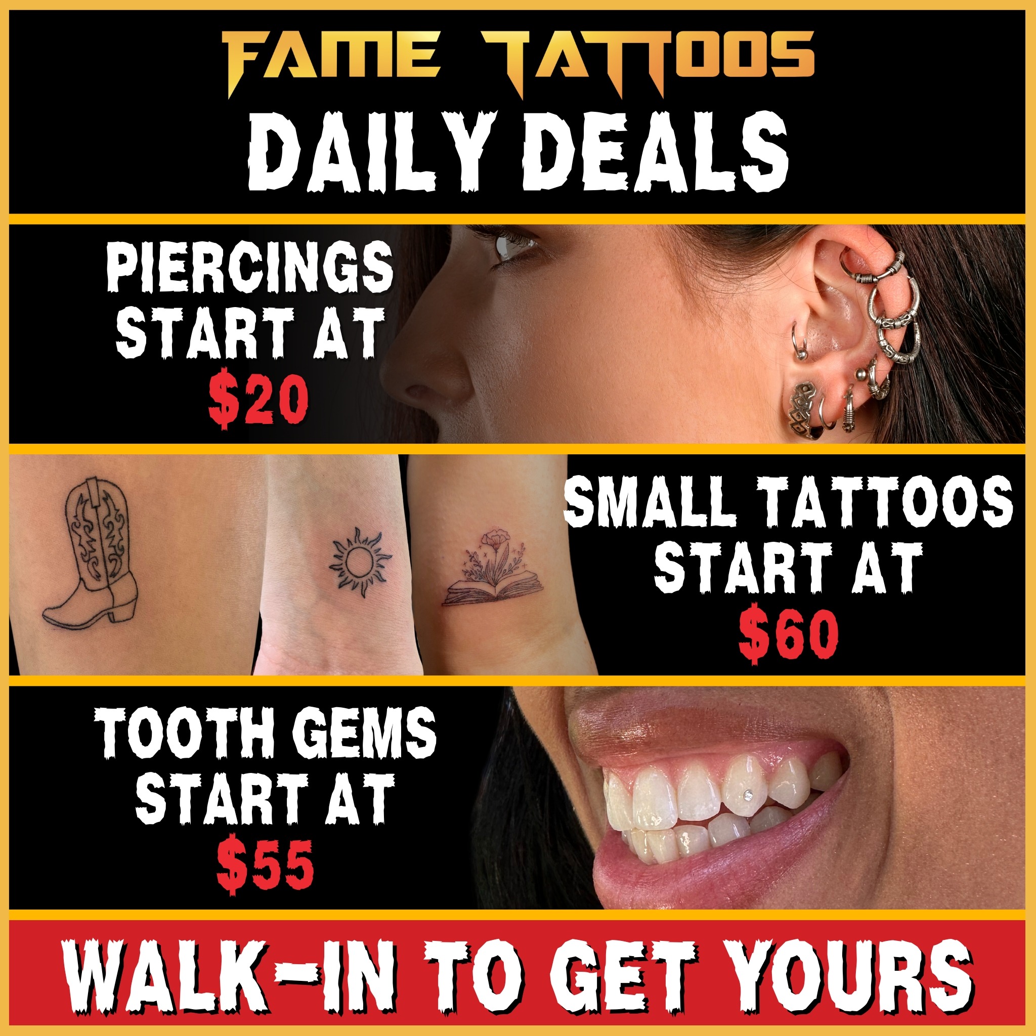 Fame Tattoos Facebook ad: Unbeatable Deals Every Day