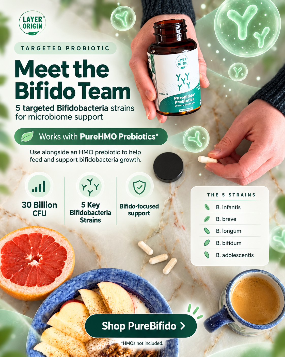 Layer Origin Nutrition Facebook ad: Your gut needs Bifidobacteria. Most probiotics don't have…
