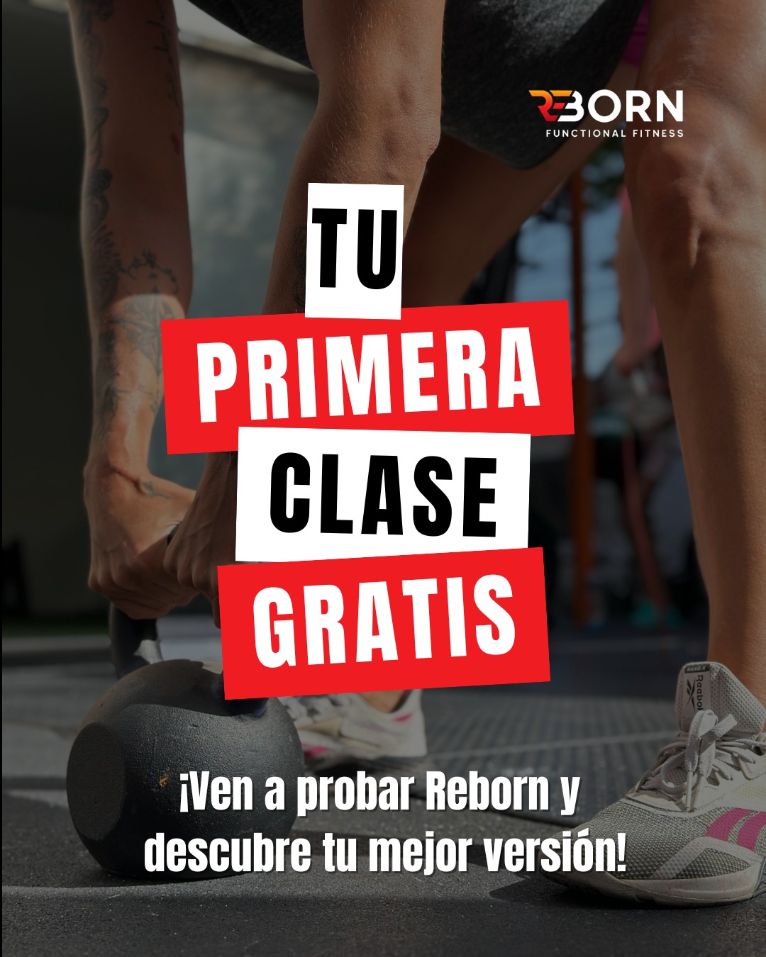 Reborn Functional Fitness Facebook ad: ¡PRIMERA CLASE GRATIS EN REBORN!