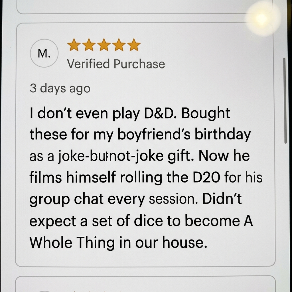 Orbidice Facebook ad: Non-gamer bought dice. Now he films