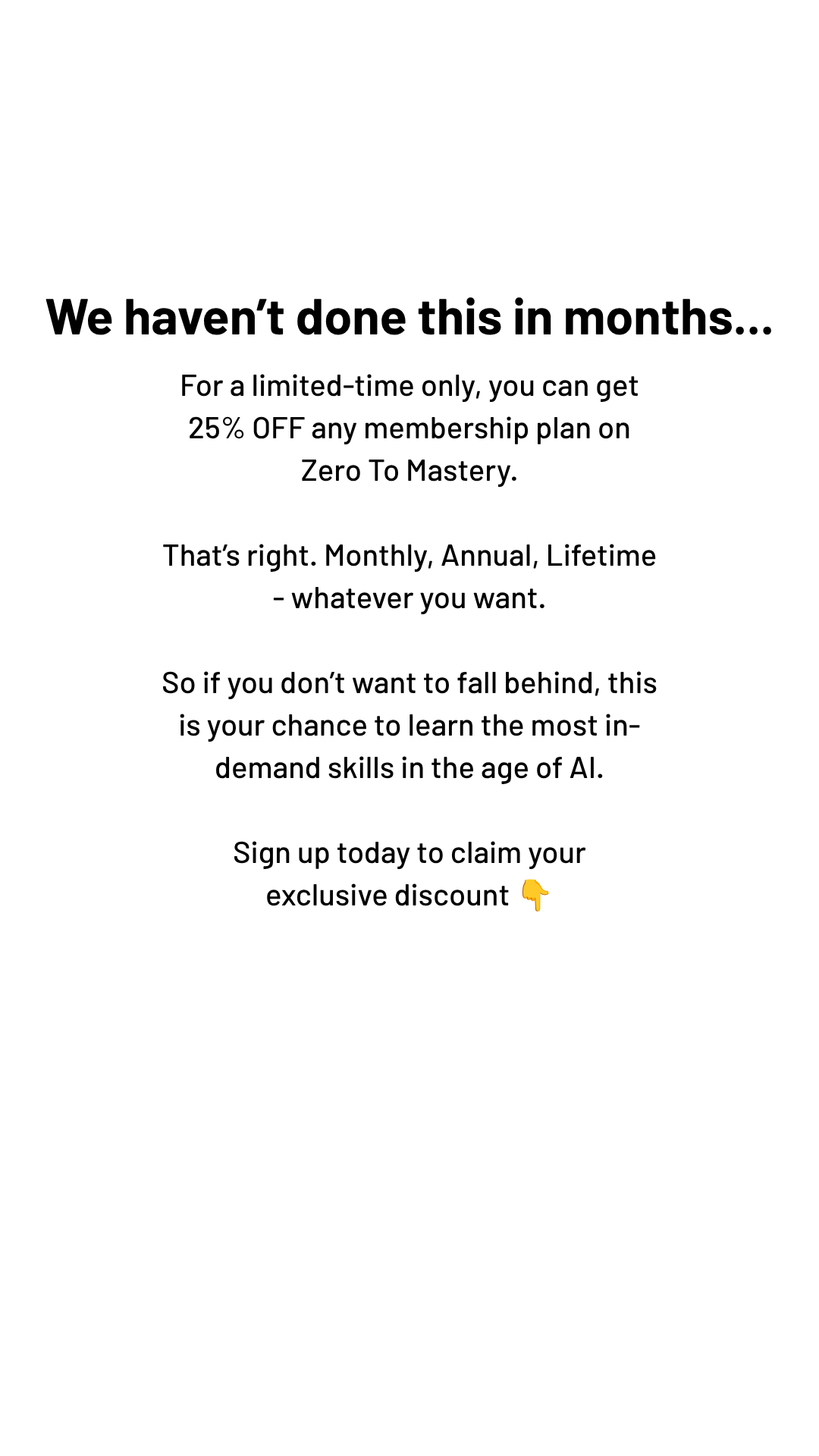 Zero To Mastery Facebook ad: 25% OFF ANY MEMBERSHIP