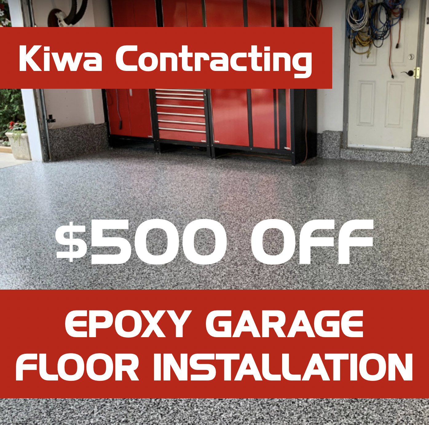 Kiwa Flooring & Painting Facebook ad: Message to Book $500 OFF Epoxy Garage Floors