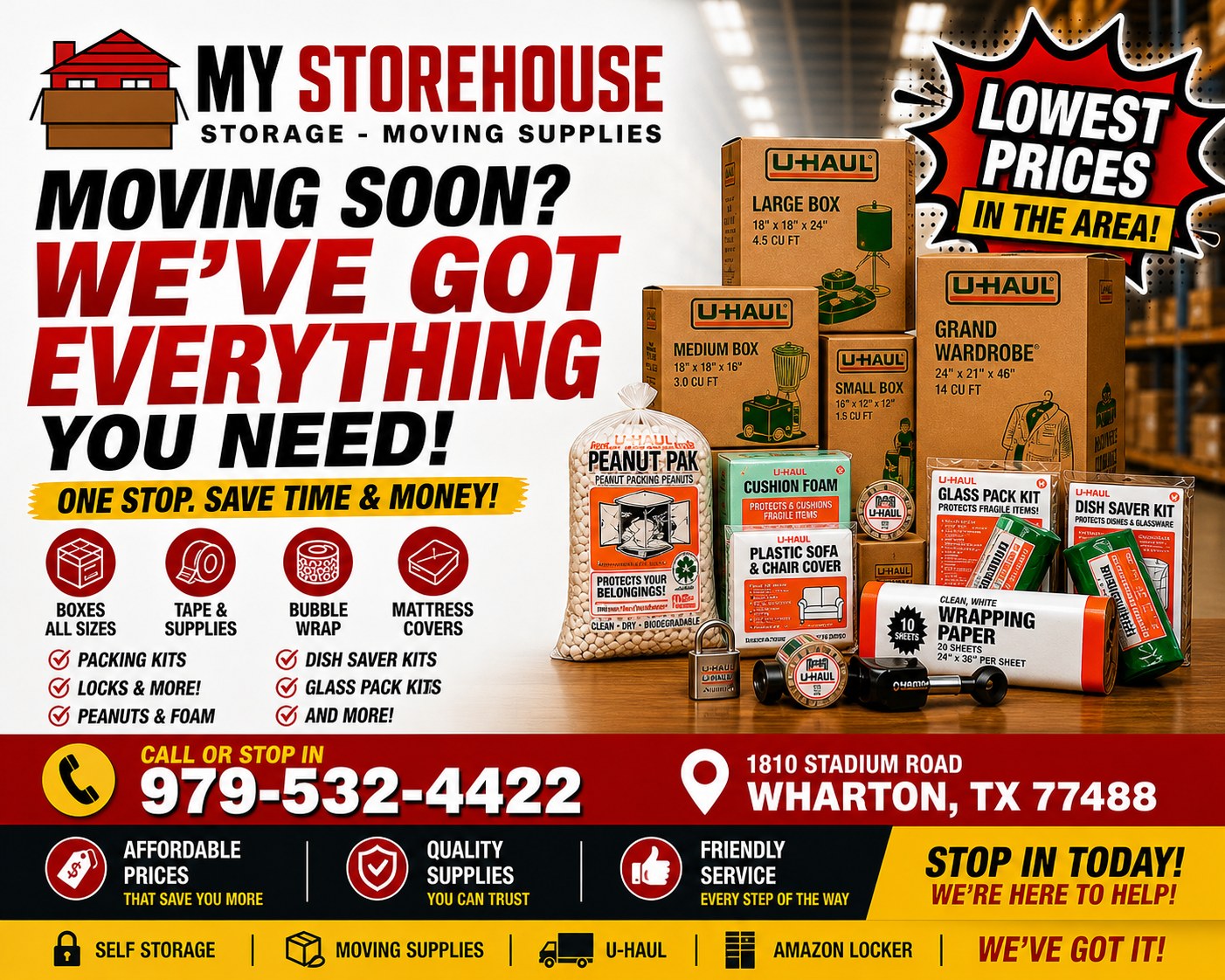 My Storehouse Mini Storage Facebook ad: NEED MOVING SUPPLIES?