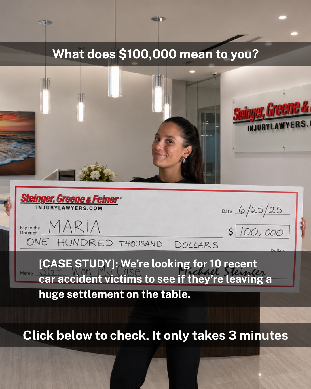 Steinger, Greene & Feiner Injury Lawyers Facebook ad: See if you have a case today!