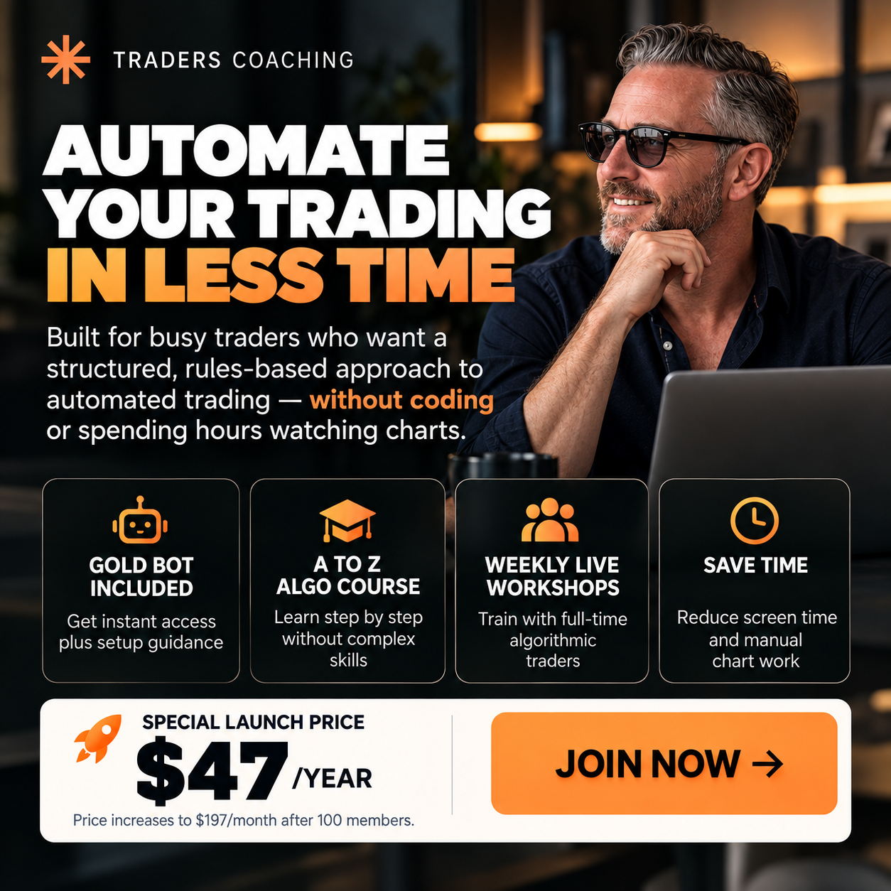 Traders Coaching Facebook ad: Learn Algo Trading for $47/Year