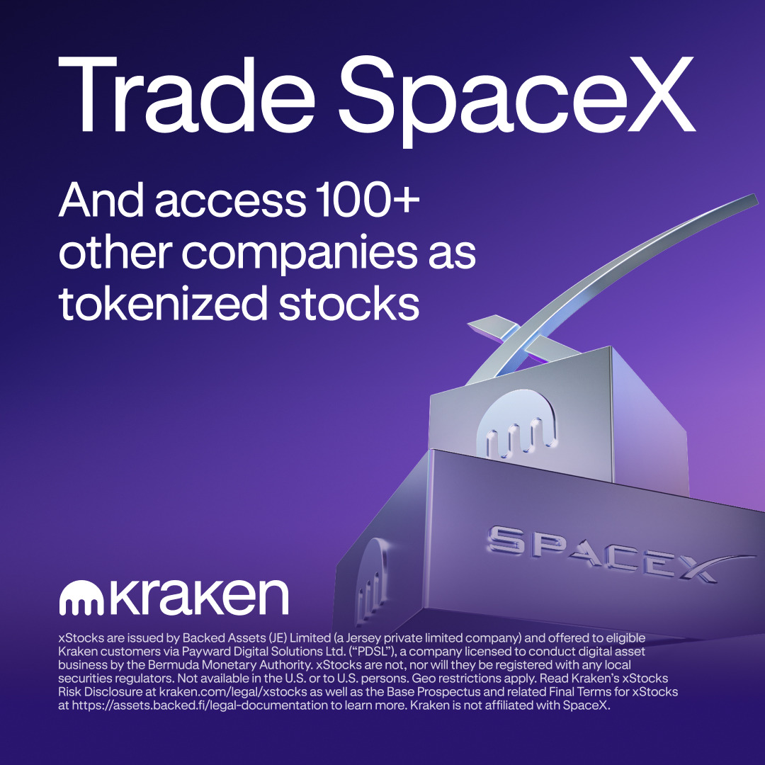 Kraken Digital Asset Exchange Facebook ad: 55+ tokenized US equities available