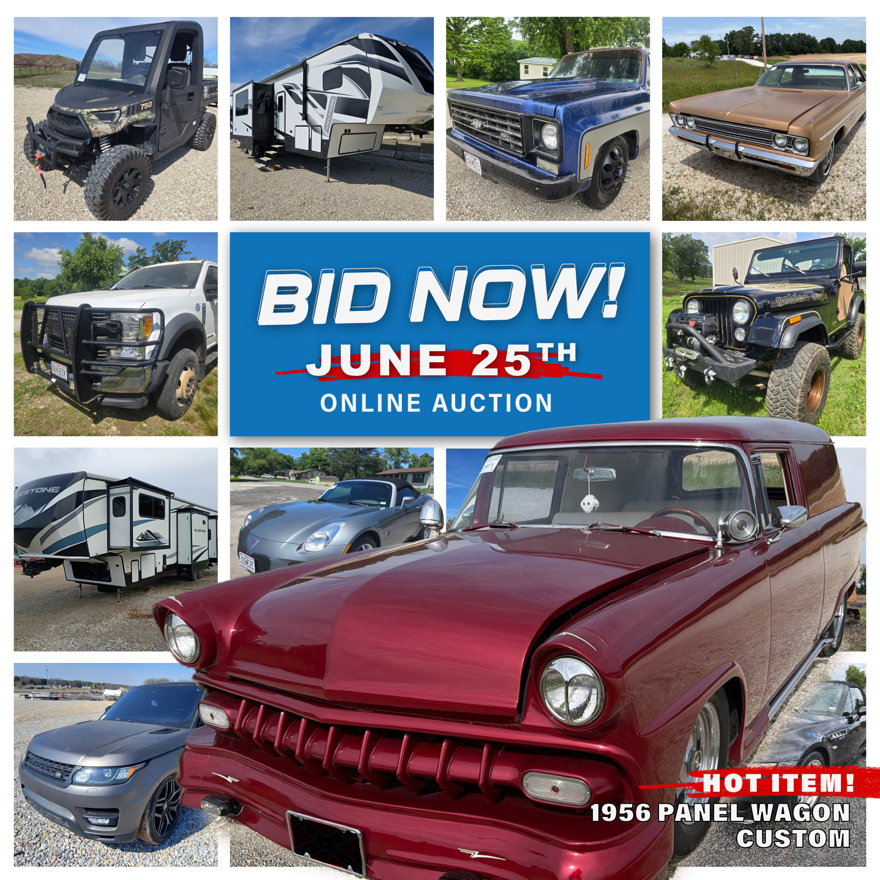 Sexton Auctioneers Facebook ad: Vehicles from classics to service available for bid!