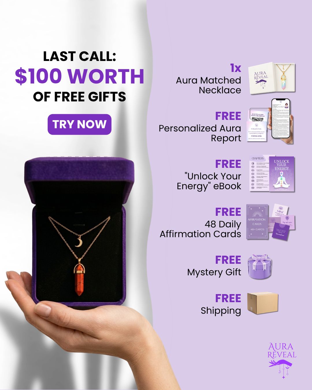 AuraReveal Facebook ad: Last Call: $100 Free
