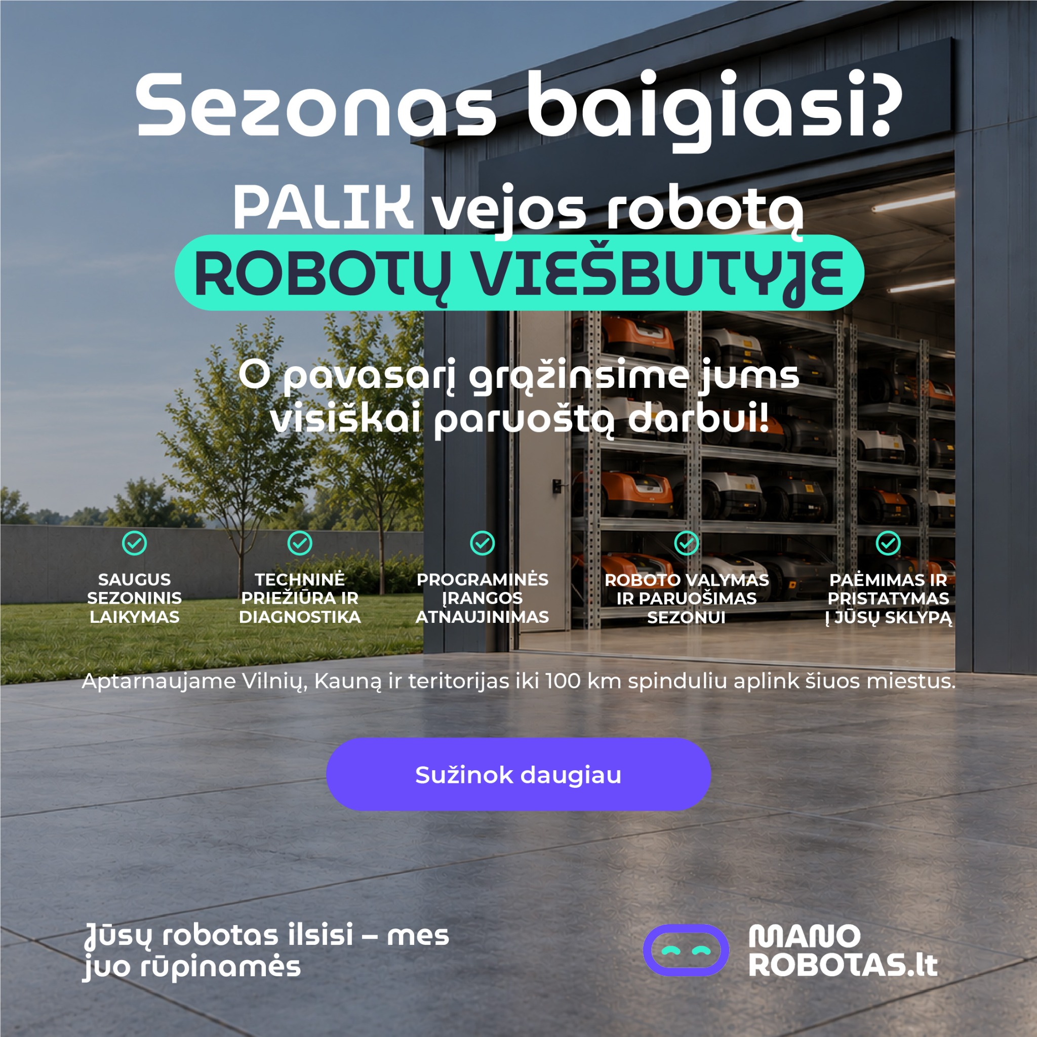 manorobotas.lt Facebook ad: Vejos robotų viešbučio paslauga