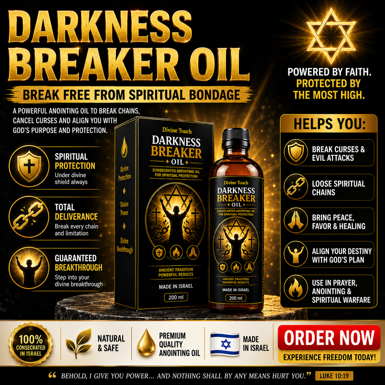 Darkness Breaker Facebook ad: Destroys Darkness. Releases Light. Delivers. Breaks Through.