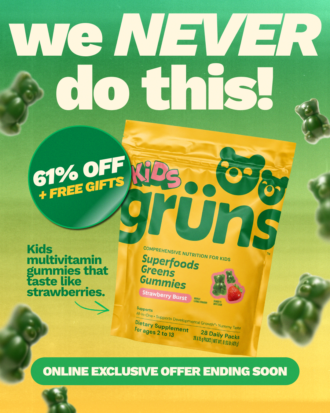 Grüns Kids Facebook ad: Up to 61% Off + Free Gifts, Online Only